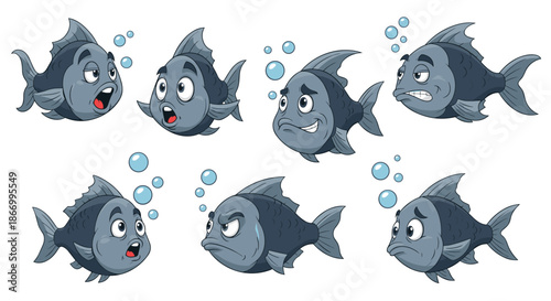 Set of seven gray fish characters displays a wide range of human-like facial expressions and emotions including anger, boredom, and shock.