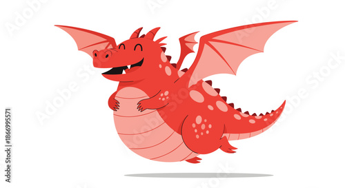 Joyful fat red dragon flies through the air with its wings spread wide and its arms tucked in while wearing a big happy smile.