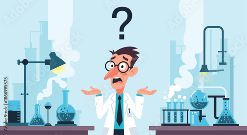 Stressed male scientist in a white lab coat stands confused between lab equipment with a large question mark over his head and smoke rising.