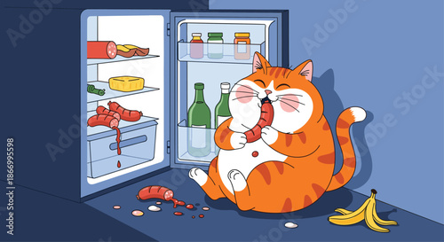 Large orange cat sitting on the floor and greedily eating a long chain of sausages next to an open refrigerator.