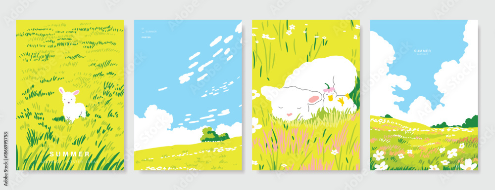 Fototapeta premium Abstract Green Summer landscape background vector set. Nature wallpaper of green field on mountain, yellow flowers, blue sky , birds, river. Watercolor illustration for cover, wall art, decoration.