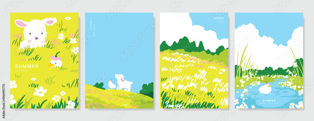 Fototapeta premium Abstract Green Summer landscape background vector set. Nature wallpaper of green field on mountain, yellow flowers, blue sky , birds, river. Watercolor illustration for cover, wall art, decoration.