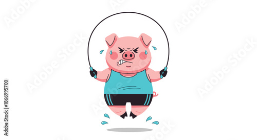 Determined pink pig character wearing workout clothes and skipping rope vigorously while sweating from the effort.