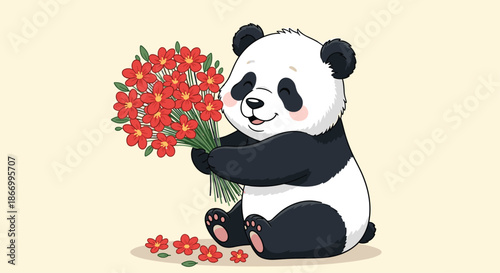 Happy and adorable giant panda sitting on the ground and holding a huge bouquet of bright red flowers in its arms.
