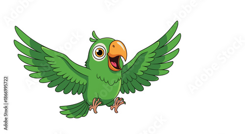 Happy green parrot bird with bright feathers and large beak flying through the air with its wings spread wide in a cartoon style.