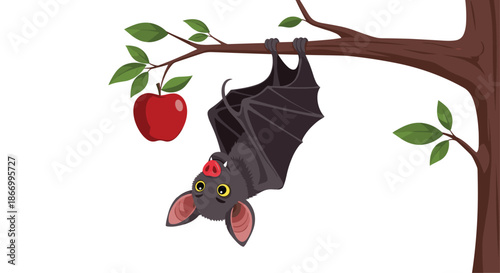 Cute black bat hanging upside down from a tree branch next to a bright red apple on a clean white background.