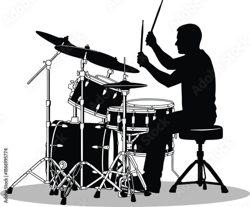 Musician playing the drums. Drummer vector icon. Drummer playing a full drum kit. 