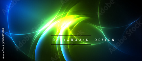 Bright abstract lines create dynamic energy. Vivid blues, greens, yellows blend into dark background. Text reads background design.