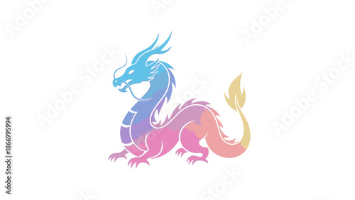 A colorful, gradient dragon mascot with red, golden, and pink hues sits in a dynamic pose against a clean white background, symbolizing Chinese New Year.
