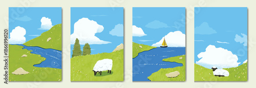 Abstract Green Summer landscape background vector set. Nature wallpaper of green field on mountain, yellow flowers, blue sky , birds, river. Watercolor illustration for cover, wall art, decoration.