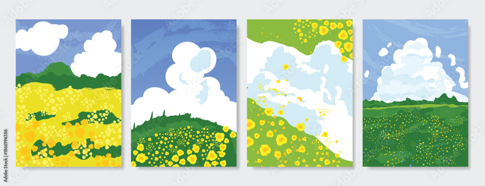 Fototapeta premium Abstract Green Summer landscape background vector set. Nature wallpaper of green field on mountain, yellow flowers, blue sky , birds, river. Watercolor illustration for cover, wall art, decoration.