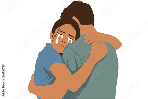 A man comforting a crying woman with a warm hug and emotional support