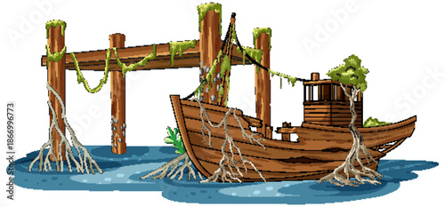 Abandoned Wooden Boat Entangled in Mangrove Roots at Pier