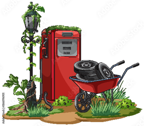 Abandoned Gas Pump with Overgrown Vegetation and Wheelbarrow