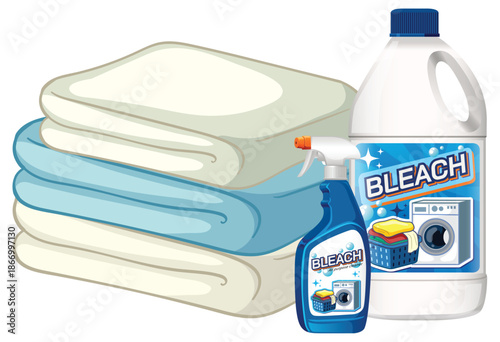 Laundry Bleach Bottles and Folded Towels Vector Illustration