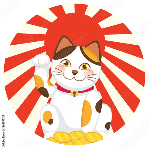 Calico Maneki Neko Cat with Raised Paw and Gold Coins