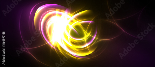 Bright abstract swirls, luminous yellow, pink hues against dark background. Energy radiates from central point, creating dynamic visual effect.