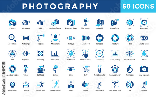 Photography icons set with camera, mirrorless,  behind the scenes, location scout, model release, stock licensing icon. Simple flat vector 
