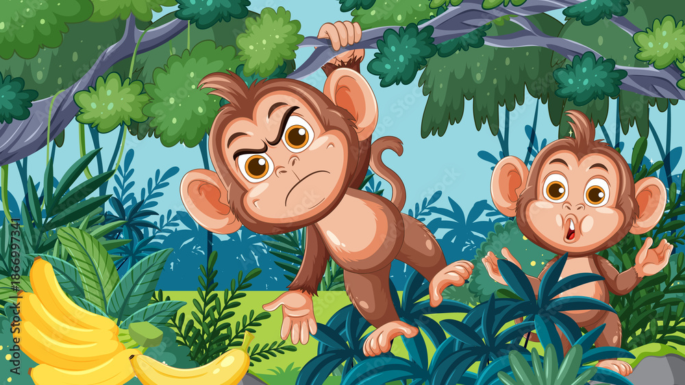 Naklejka premium Playful monkeys interact in dense jungle foliage, vibrant colors, cartoon vector illustration, daylight