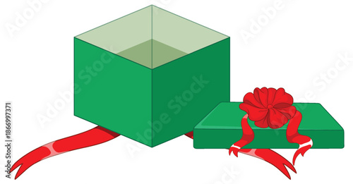 Open Green Gift Box with Red Ribbon and Lid