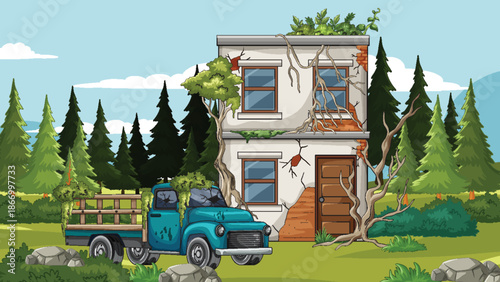 Abandoned Two-Story House and Old Truck in Forest