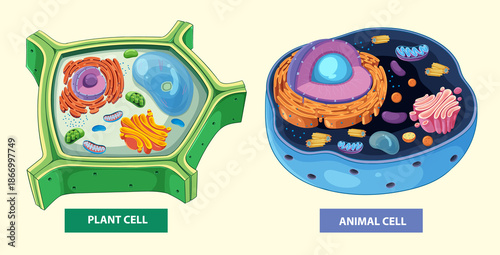 Colorful vector illustration highlighting structural differences between plant and animal cells with labeled organelles