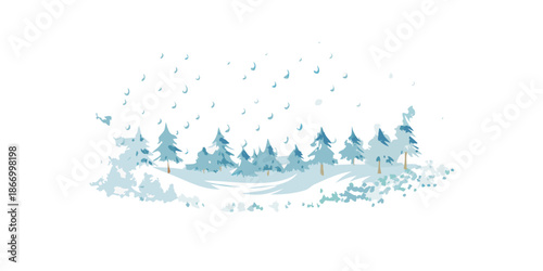 Winter forest with flying birds