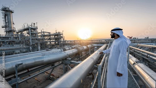 Emirati Executive Observes Industrial Landscape at Sunset Next to Pipelines 