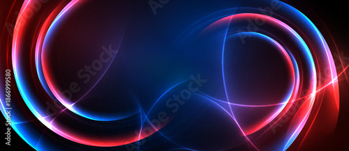 Abstract design features vibrant blue, red light curves. Dynamic composition creates futuristic feel. Smooth gradients dominate dark background.