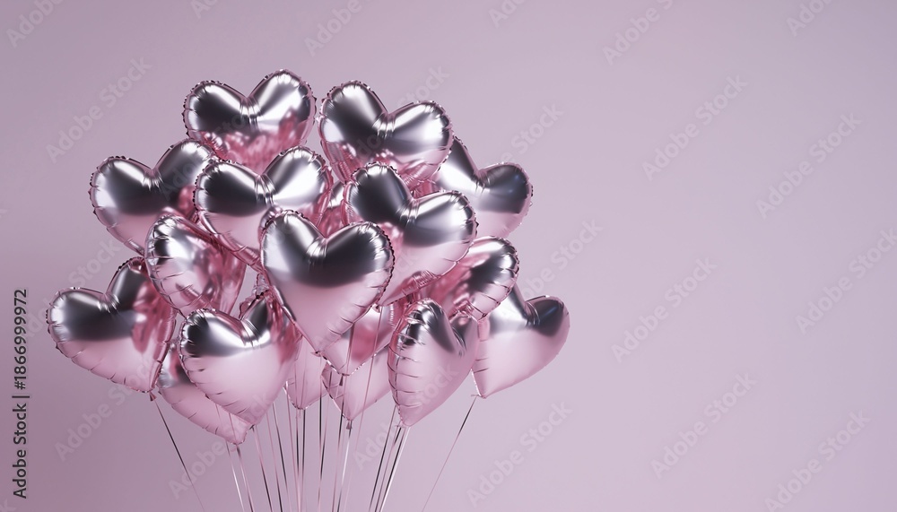 Fototapeta premium Air Balloons of heart shaped foil on pastel pink background. Love concept. Holiday celebration. Valentine's Day or wedding/bachelorette party decoration. Metallic balloon