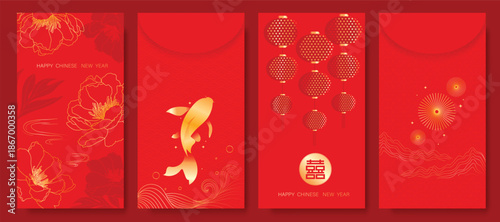 Happy Chinese New Year 2026 hongbao red envelope design vector. Collection of Chinese festival with lantern, koi fish, flower, pattern. Elegant oriental ang pao illustration for greeting card.