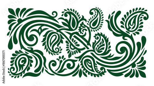 Vector floral Paisley ornament illustration. Indian Rangoli style decorative border with swirling leaves and organic shapes for textile, batik pattern, or wedding invitation.