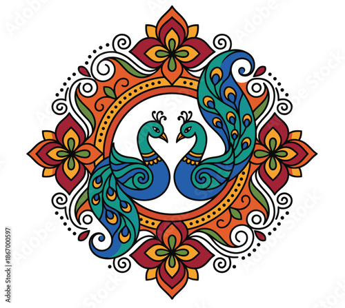 Traditional Indian peacock rangoli vector mandala design. Ornamental floral circle with two birds facing each other. Decorative ethnic art for Diwali festival or Asian culture celebration background.