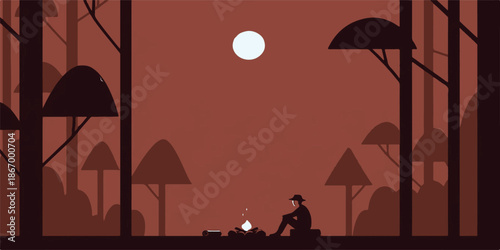 Vector illustration of a romantic couple silhouette walking along a tropical beach at sunset with palm trees and an orange sky over the summer sea