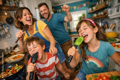 Happy Family with Children Singing and Dancing Together in the Kitchen While Cooking. Parents and Kids Having Fun Using Kitchen Utensils as Microphones During a Playful Domestic Activity at Home.