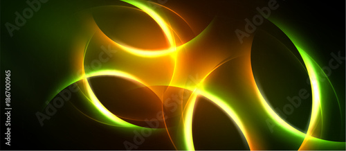 Abstract design features vibrant glowing curves. Green, orange hues blend into dark background. Dynamic energy radiates from central point.