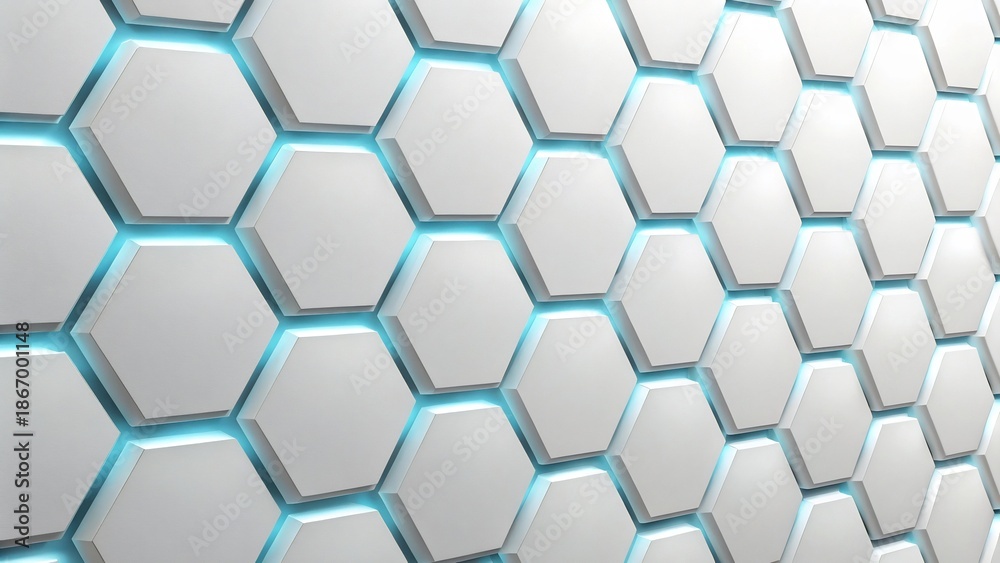 Fototapeta premium Abstract White Hexagonal Pattern with Blue Neon Glow, High-Quality 3D Render