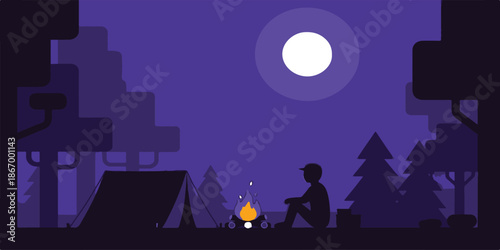 Silhouette illustration of a romantic man and woman standing together at night under the moon and stars in a peaceful natural scene