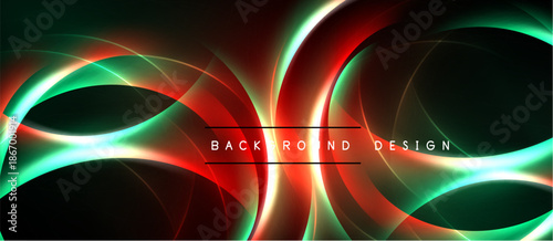 Abstract neon lines create dynamic, flowing shapes. Vivid green, red hues dominate dark background. Modern design element.