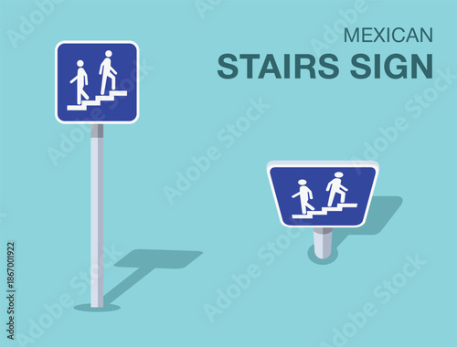 Traffic regulation rules. Isolated mexican "stairs" road sign. Front and top view. Flat vector illustration template.