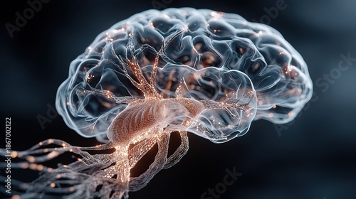 Artistic 3D Render of Transparent Human Brain with Neuron Activity