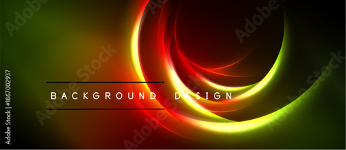 Abstract neon swirls create vibrant background. Colors blend, forming dynamic visual effect. Dark space surrounds bright curves.