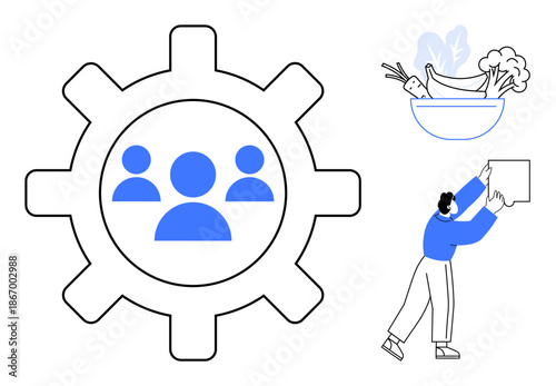 Teamwork concept. Gear icon collaboration, connecting people to achieve goals. Teamwork fosters productivity, healthy habits, and innovation. For businesses, education, health tech visuals