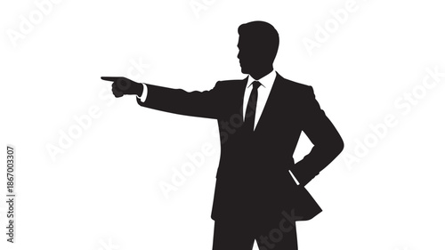 Businessman Silhouette in Professional Attire Pointing Gesture in Black and White Minimalist Style for Corporate Use