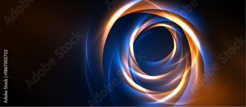 Abstract swirling lights create dynamic energy. Orange, blue hues blend, forming captivating spiral patterns against dark background.