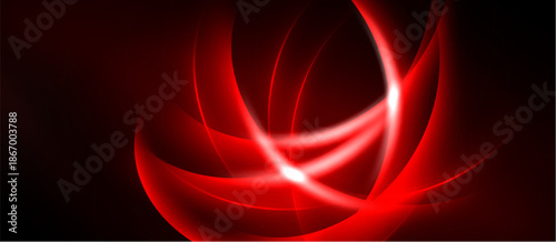 Abstract red swirls, luminous lines, dark background. Dynamic composition creates energy, visual impact. Brightness contrasts sharply with shadows.