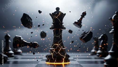 Cracked Chess Queen Piece Glowing with Internal Fire

