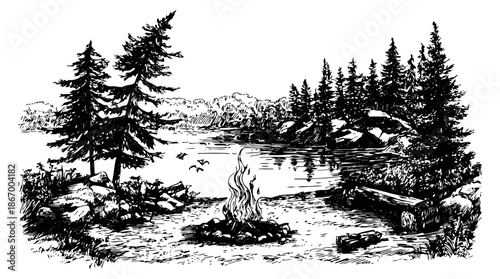 Hand drawn line art illustration of a forest lake scene with a campfire depicting wilderness camping for outdoor adventures