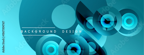 Abstract geometric design. Circles, gradients create modern visual effect. Blue hues dominate composition, offering sleek aesthetic.