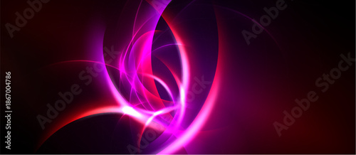 Abstract energy flows, vibrant pinks, purples dominate dark background. Swirling lines create dynamic visual impact.